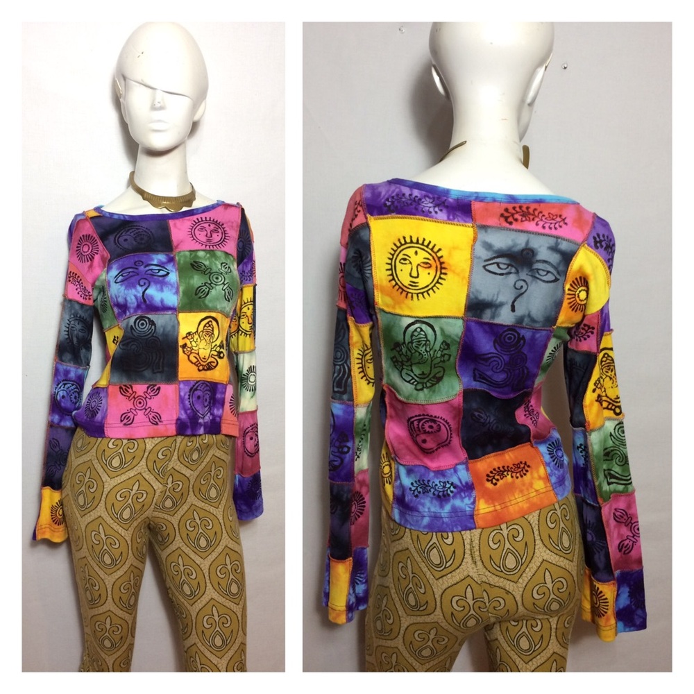 Hippie Patchwork Tye Dye Boho Pullover Sweater M/L